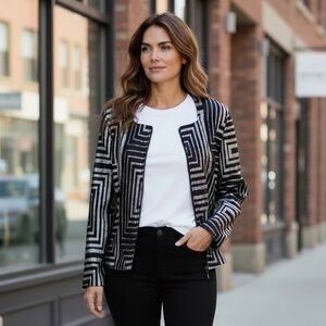 JOSEPH RIBKOFF Jacket Black Silver Textured Metallic Inserts Knit Elegant Small